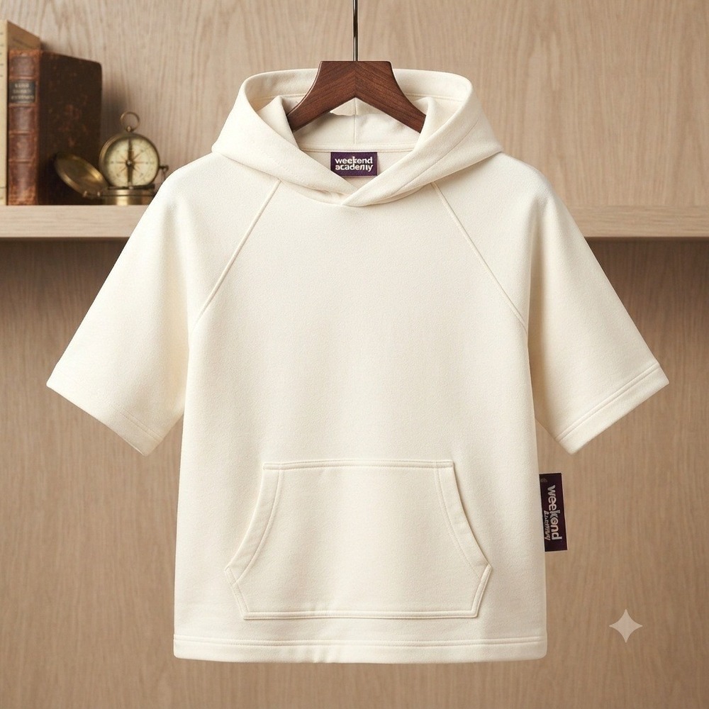 Boys Fleece Hoodie Short Sleeve Cotton Kangaroo Pocket Off-White Size 6/7 NEW